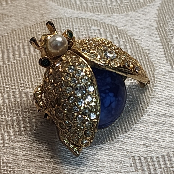 Vintage SPHINX Beetle Brooch Faux Lapis Pearl Rhinestone Bug Insect Pin - Picture 4 of 14